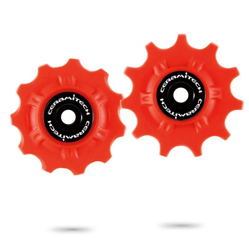 BBInfinite Red Campagnolo 10/11 Speed Pulleys (Set Of 2) Rear Derailleur, Creak-Free Ceramitech, Made in USA